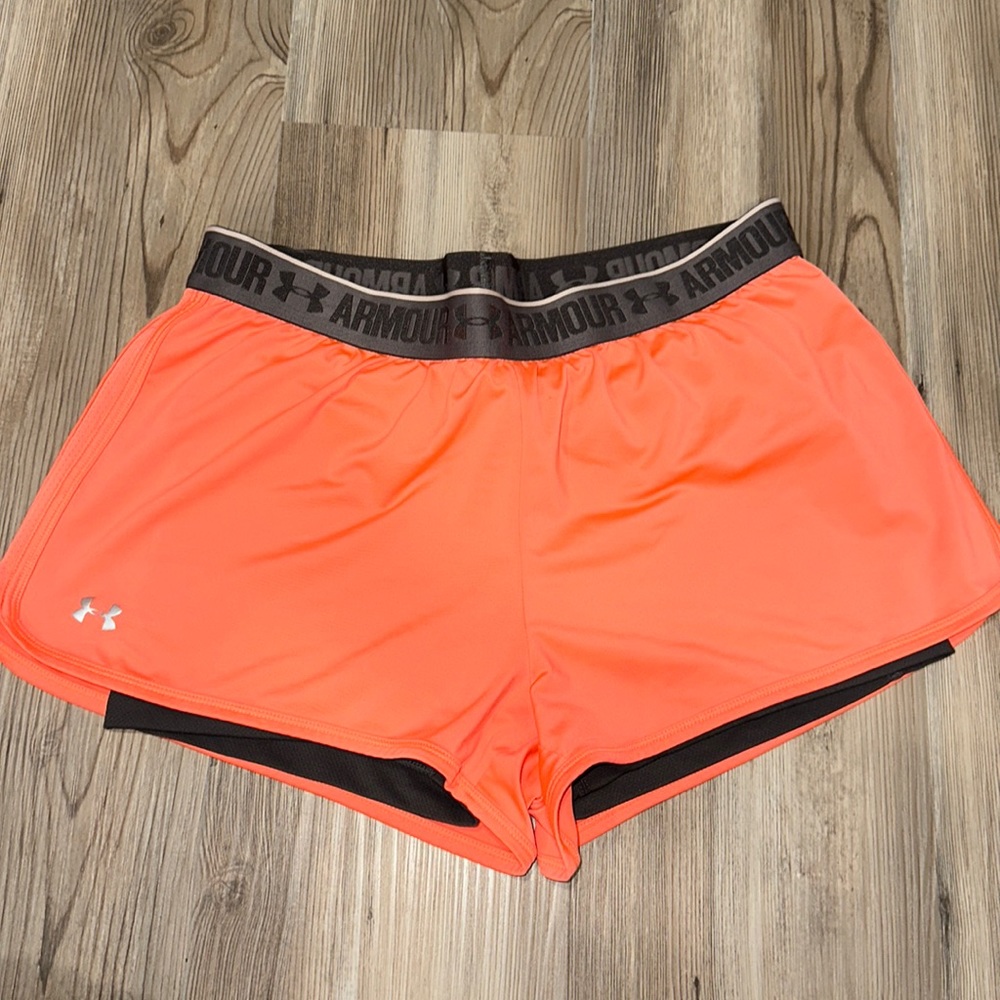 Under armour size small coral shorts with gray inside shorts and mesh liner side